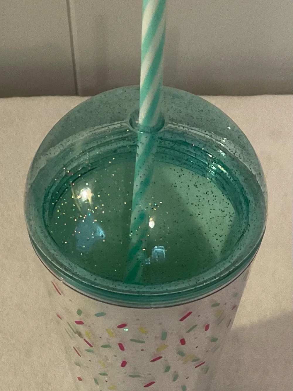 Starbucks White Tumbler with Teal Dome Lid and Sprinkle Design